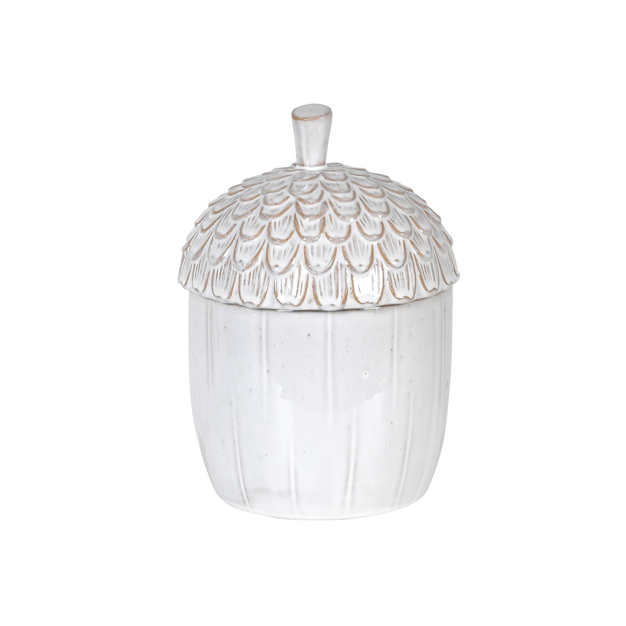 White ceramic ornamental jar with an acorn lid Dimensions: H:240 Dia:150 mm Materials: Ceramic Delivery: 7-10 days